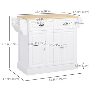 HOMCOM Kitchen Island With Storage Rolling Kitchen Serving Cart with Rubber Wood Top Towel Rack Storage Drawer Cabinet, White