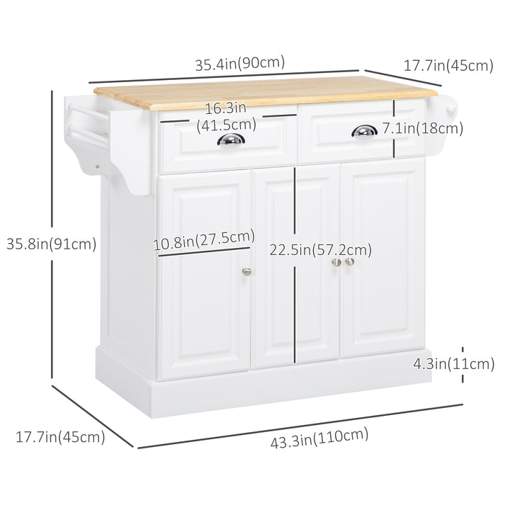 HOMCOM Kitchen Island With Storage Rolling Kitchen Serving Cart with Rubber Wood Top Towel Rack Storage Drawer Cabinet, White