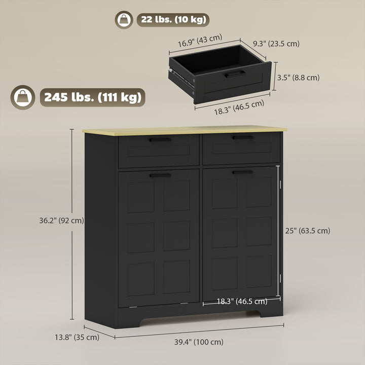 HOMCOM 7 Gallon Tilt Out Garbage Cabinet, Kitchen Island with Trash Cabinet, 2 Drawers, Door Racks, Adjustable Shelves, Black