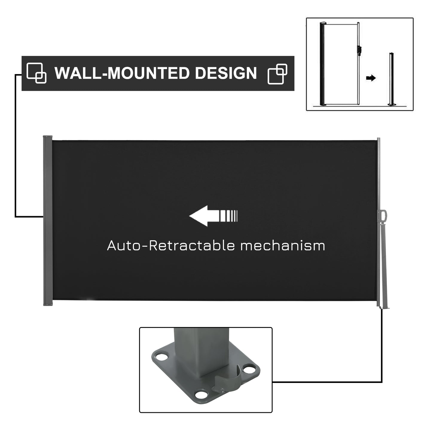 Outsunny 118" x 63" Retractable Side Awning Patio Outdoor Folding Privacy Screen with Resistance to UV Rays & Wind, Grey