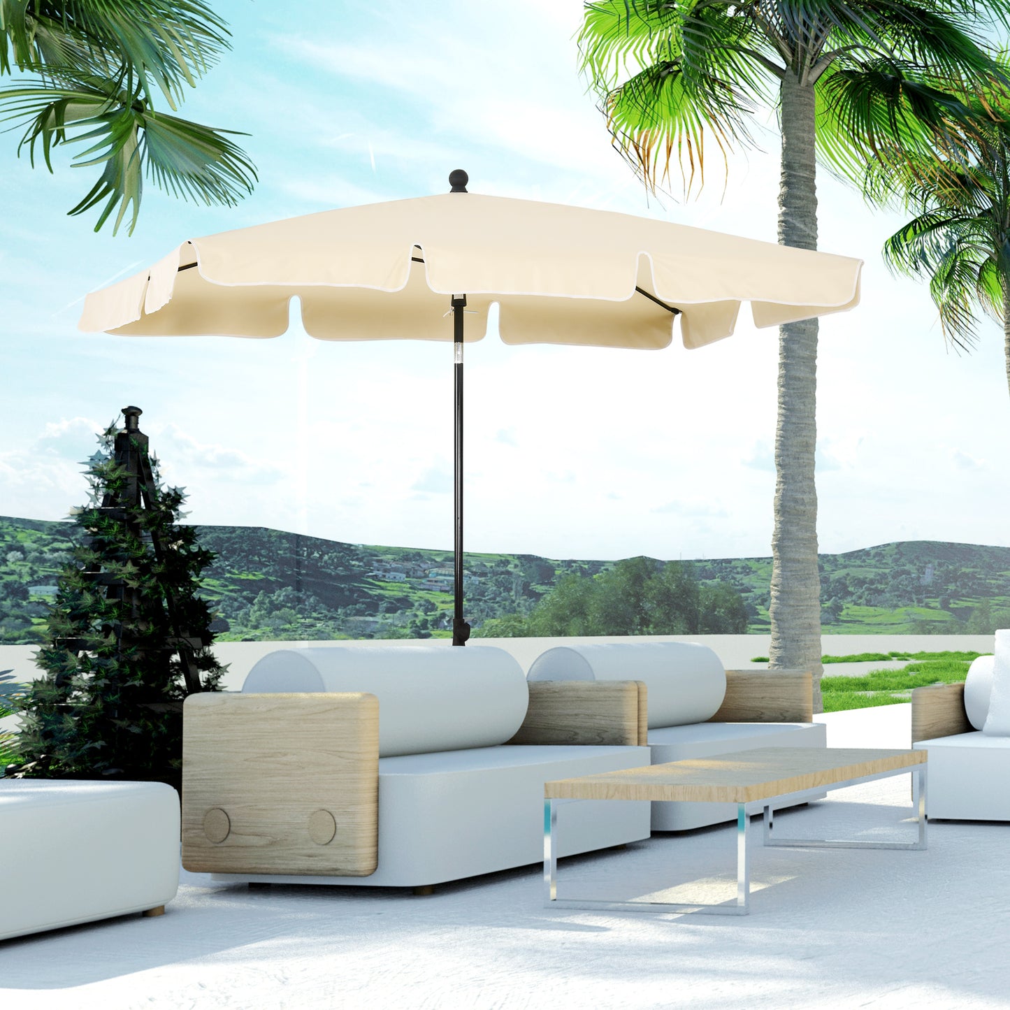 Outsunny 6.5x4ft Rectangle Patio Umbrella Aluminum Tilt Adjustable Garden Parasol  Sun Shade Outdoor Canopy Cream White