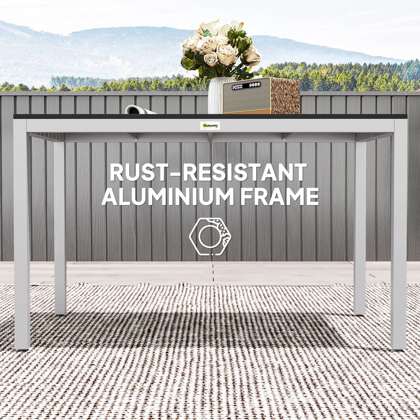 Outsunny Outdoor Dining Table for 4-6 with Easy Maintenance Slatted Top, Rust-Resistant Aluminium Frame, Black