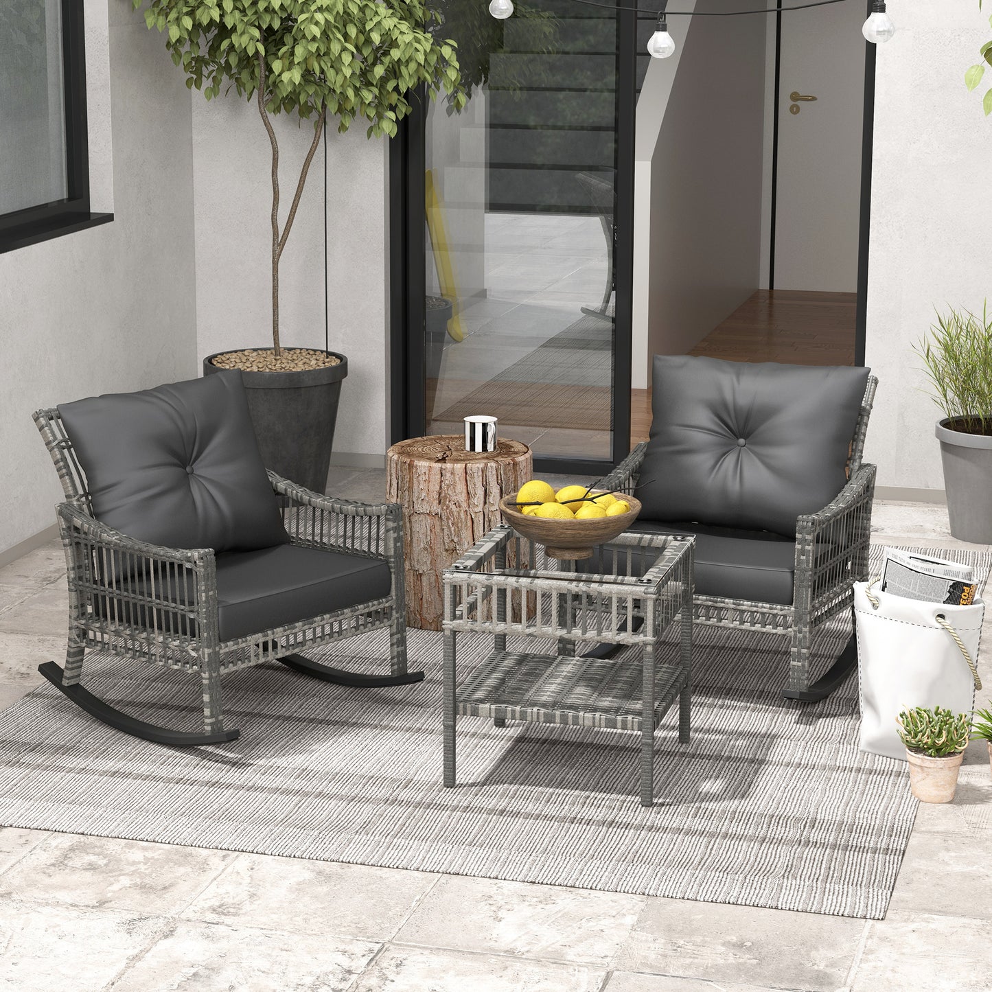 Outsunny 3 Pieces Outdoor PE Rattan Rocker Chair Set, Rocking Chair with Tempered Glass Table Top,25"x26"x28", Turquoise Green