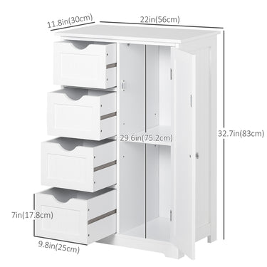kleankin Bathroom Storage Cabinet, Floor Cabinet with Adjustable Shelf and 4 Drawers, Side Cabinet for Washroom, White