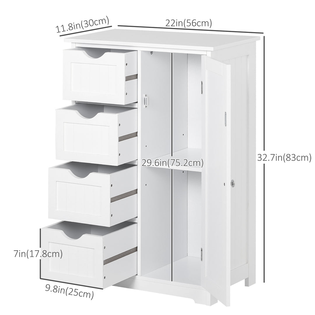 kleankin Bathroom Storage Cabinet, Floor Cabinet with Adjustable Shelf and 4 Drawers, Side Cabinet for Washroom, White