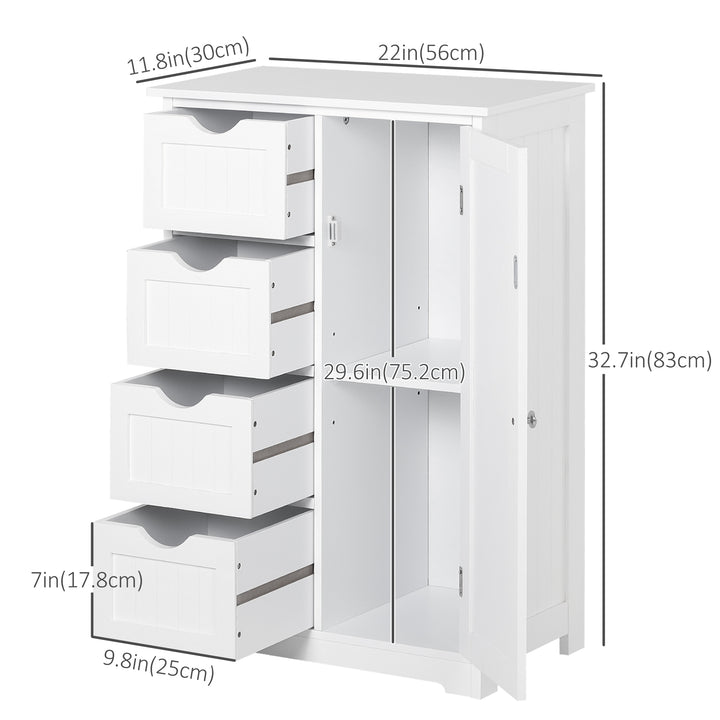kleankin Bathroom Storage Cabinet, Floor Cabinet with Adjustable Shelf and 4 Drawers, Side Cabinet for Washroom, White
