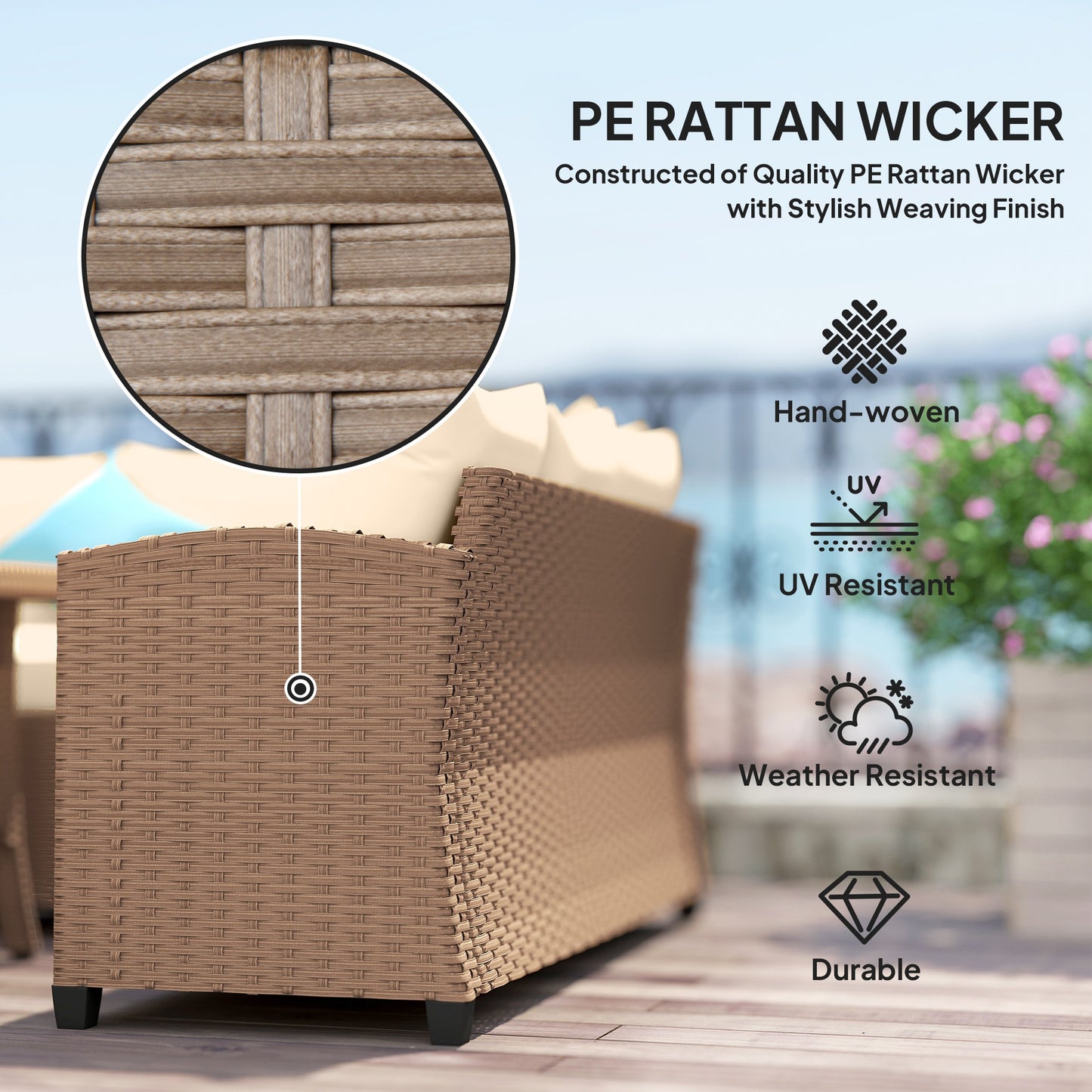 Outsunny 6 Pieces Patio Furniture Set, Outdoor Wicker Sofa Set, All Weather PE Rattan Conversation Furniture, with Strip Wood Grain Plastic Coffee Table & Cushions, Khaki