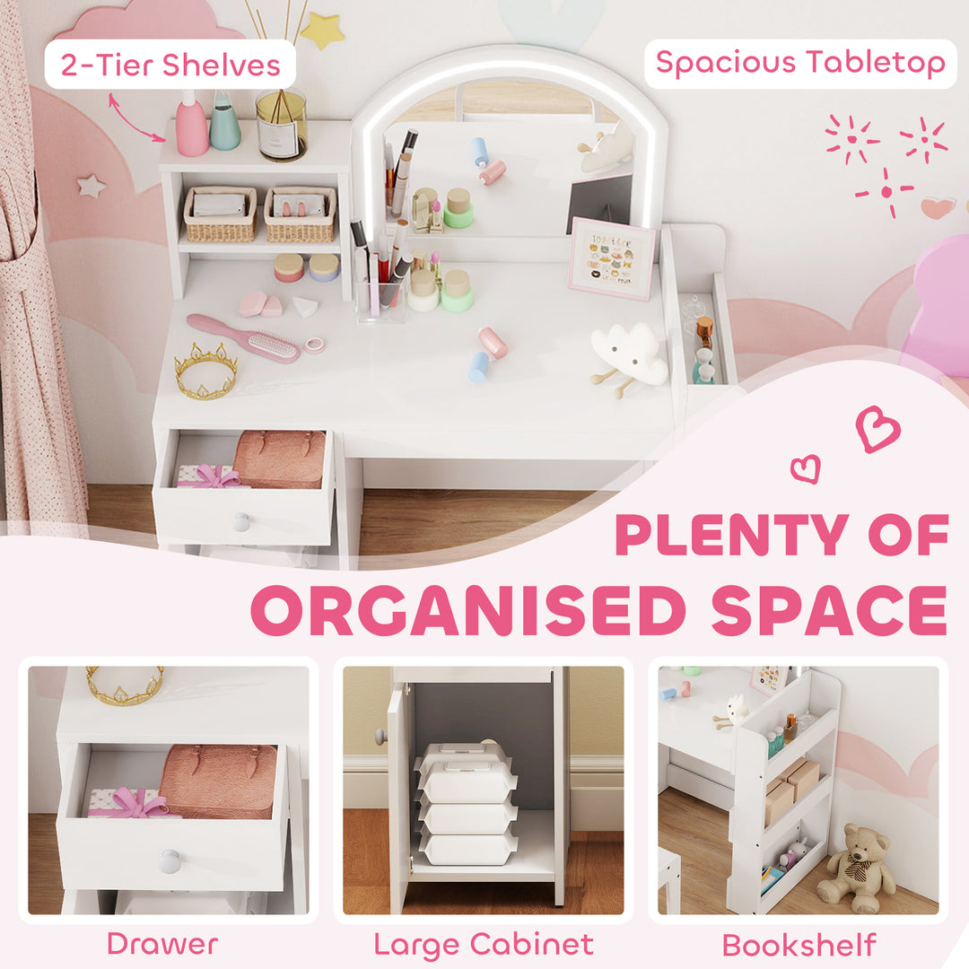 Qaba Kids Vanity Set, Toddler Dressing Table and Chair Set  with Lighted Mirror, Cabinet, Drawer and Shelves, White