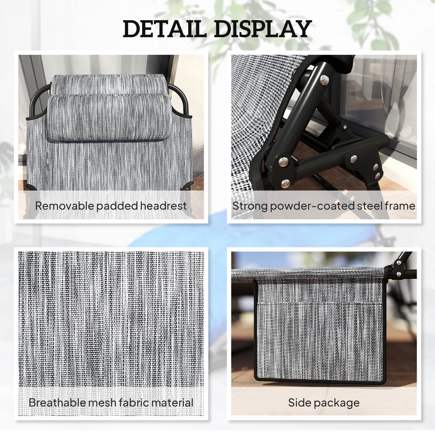 Outsunny 2-Piece Folding Lounge Chairs with Adjustable Backrest, Tanning Chair with Cushion, Side Pocket, Headrest, Grey