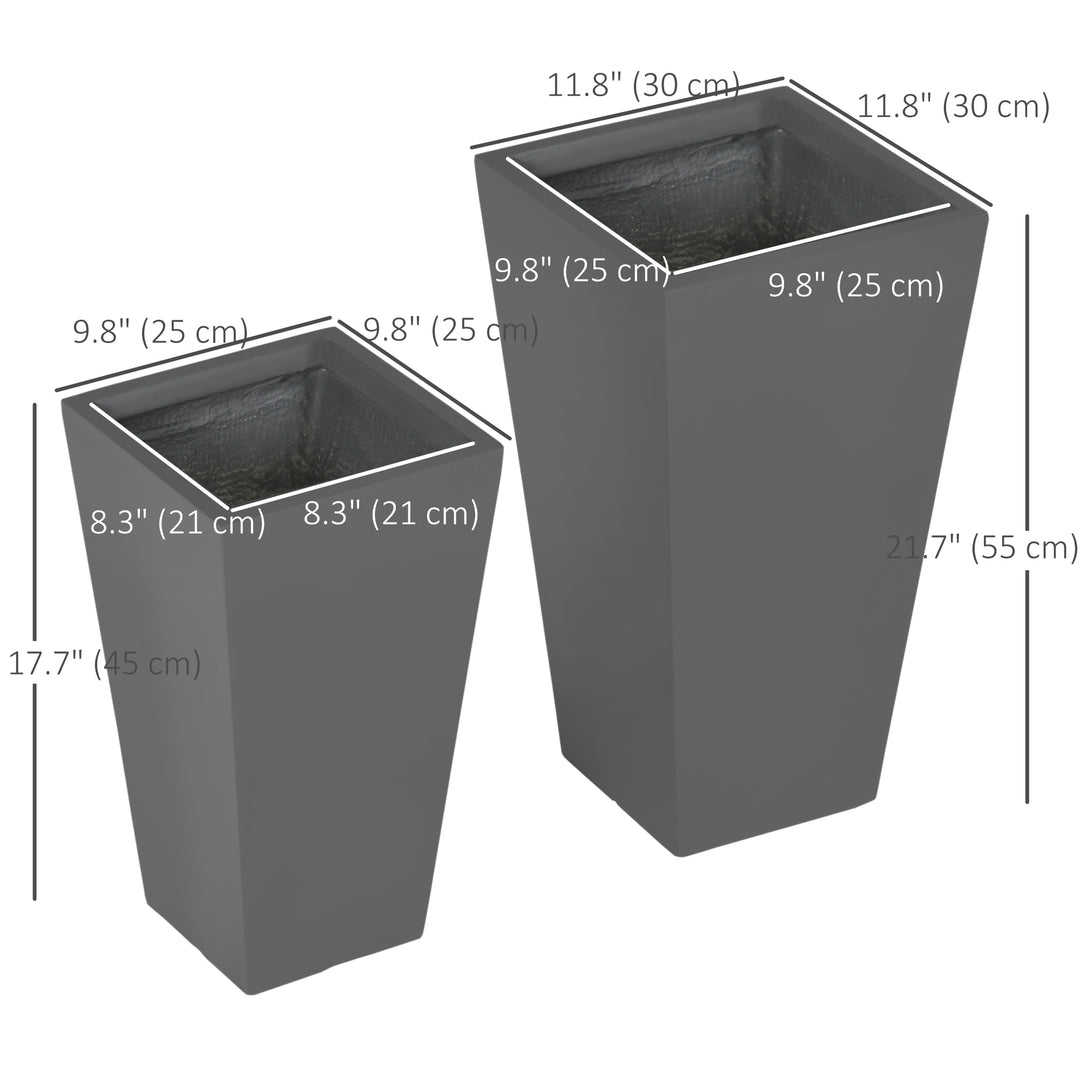 Outsunny Set of 2 Tall Planters with Drainage Holes, 22" / 18" Outdoor Flower Pots for Patio, Yard, Garden, Grey