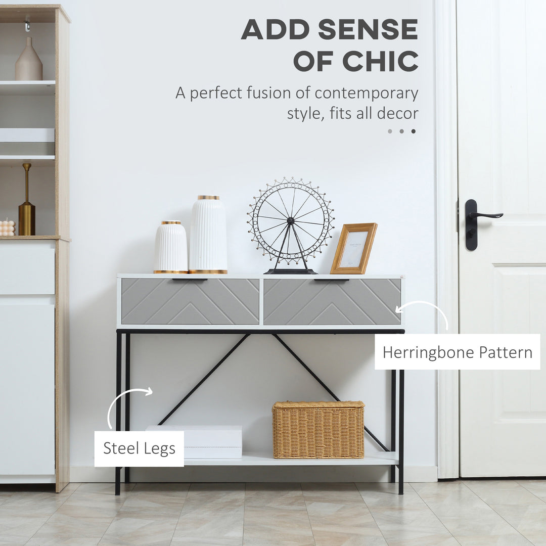 HOMCOM Modern Console Table with 2 Drawers, 2 Tier Entryway Table with storage Shelf, Narrow Sofa Table for Living Room, Hallway, White