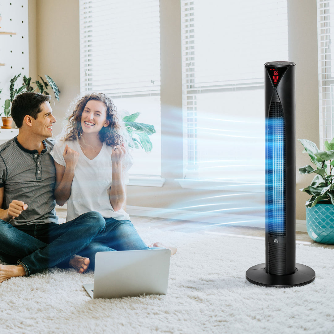 HOMCOM Freestanding Tower Fan Cooling for Home Bedroom with 3 Speed, 12h Timer, Oscillating, LED Sensor Panel, Remote Controller, White