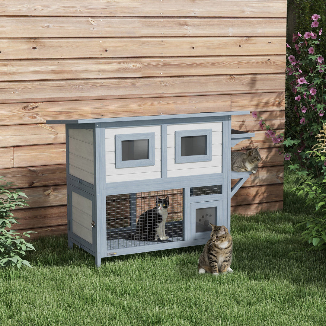 PawHut 2 Tier Outdoor Cat House with Escape Door, Jump platform, for 1-2 Cats, Light Grey