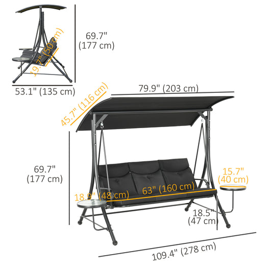 Outsunny 3 Seat Outdoor Swing Chair Steel Swing Bench Porch Swing With Adjustable Canopy & Coffee Tables & Cushion for Patio Garden, Black