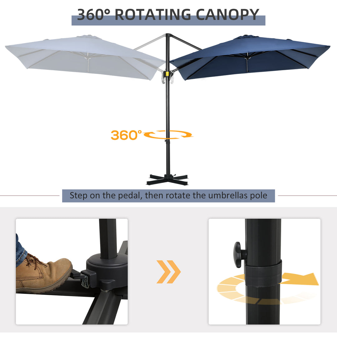Outsunny 8' x 8' Square Patio Hanging Offset Umbrella with 360° Rotation, Aluminum Outdoor Cantilever Parasol with Crank & Tilt, Sun Canopy Shelter with Cross Base, Dark Blue
