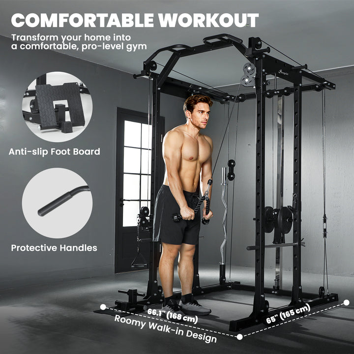 Soozier Multi-Functional Power Rack, Smith Machine Cable Crossover System with Pull Up Bar, Lat-Pull Down System, Landmine
