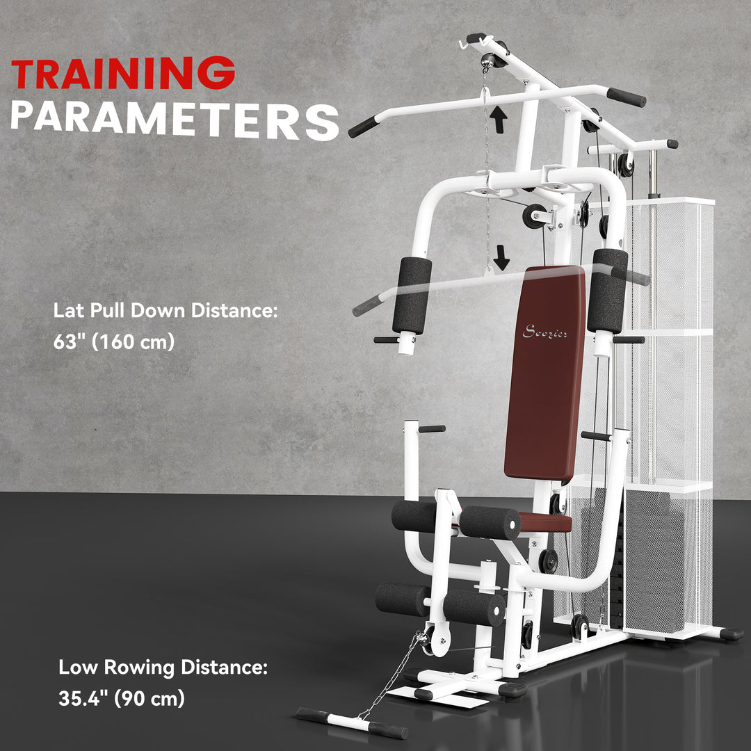 Soozier Home Gym, Multifunction Gym Equipment Workout Station with 100Lbs Weight Stack for Lat Pulldown, Leg Extensions, Preacher Bicep Curls, Triceps Pulldowns, Chest Press, White