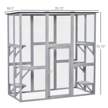 PawHut Large Outdoor Catio Enclosure, Weatherproof Cat House with Asphalt Roof,  Wooden Cat Patio Cage with 6 Balanced Platforms, 71" x 39" x 71", Grey
