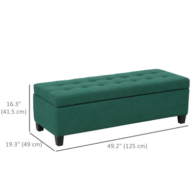 HOMCOM Rectangular Entry Bench, Tufted Upholstered Linen Fabric Wood Feet Storage Ottoman Bench, Dark Green