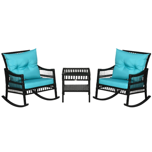 Outsunny 3 Pieces Outdoor PE Rattan Rocker Chair Set, Rocking Chair with Tempered Glass Table Top,25"x26"x28", Turquoise Green