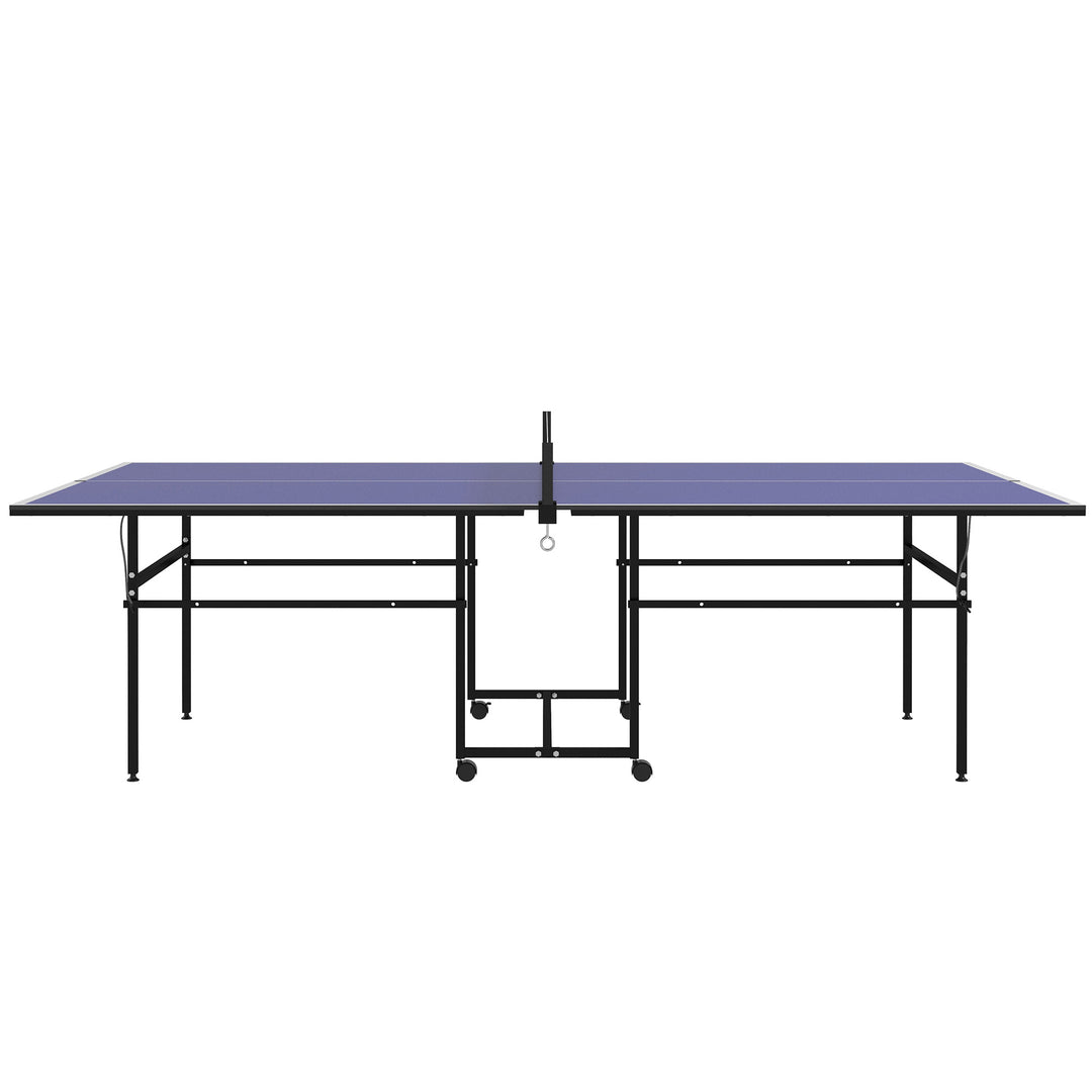 Soozier Full Size Table Tennis Table, Folding Ping Pong Table with Net, Paddles, Balls and Wheels, Blue