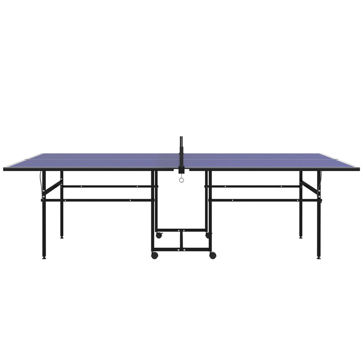 Soozier Full Size Table Tennis Table, Folding Ping Pong Table with Net, Paddles, Balls and Wheels, Blue