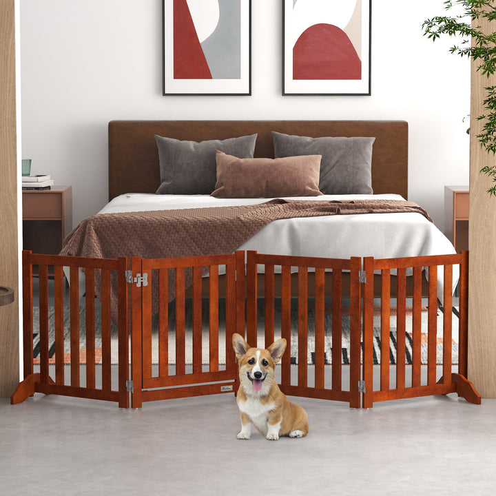 PawHut 23.5"H Foldable Dog Gate with Door, 4 Panels Freestanding Pet Gate Barriers Indoor with Support Feet, Puppy Fence for Small Dogs, Grey