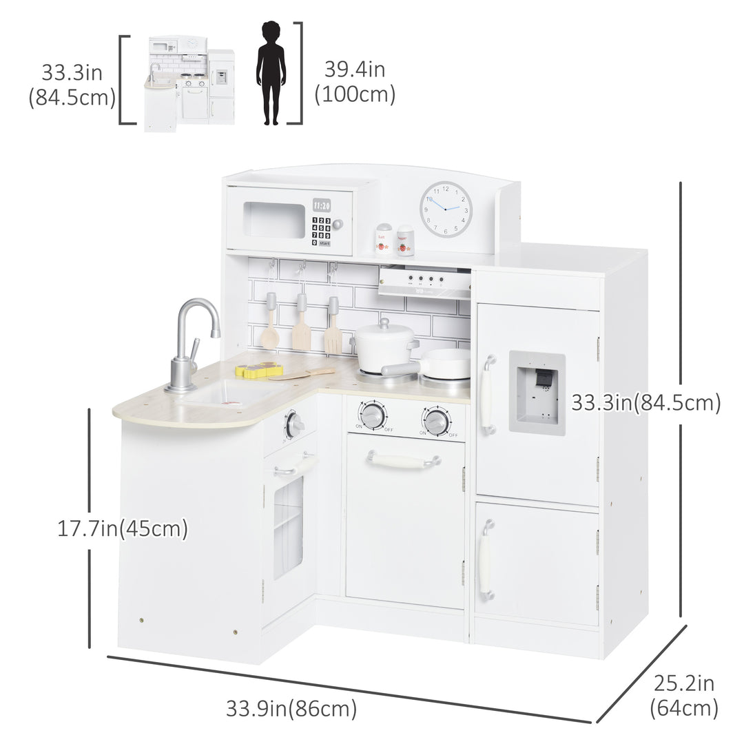 Qaba Kids Kitchen Play Cooking Toy Set for Children with Drinking Fountain, Microwave, Accessories, White