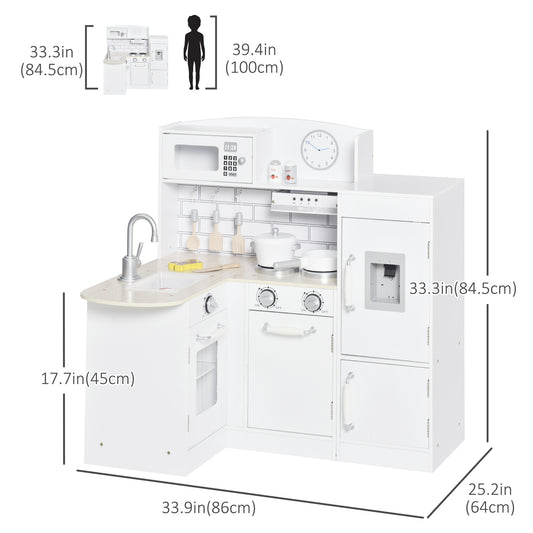 Qaba Kids Kitchen Play Cooking Toy Set for Children with Drinking Fountain, Microwave, Accessories, White