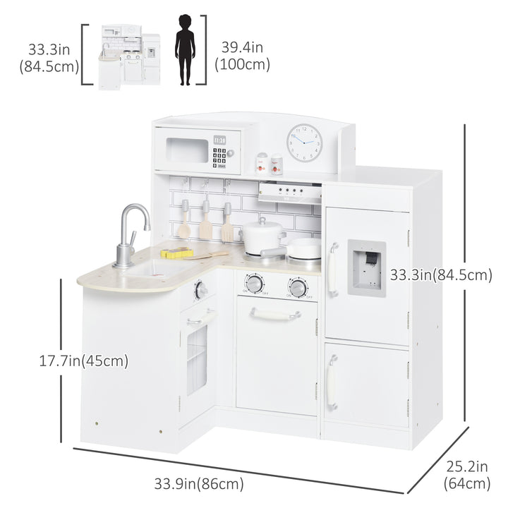 Qaba Kids Kitchen Play Cooking Toy Set for Children with Drinking Fountain, Microwave, Accessories, White