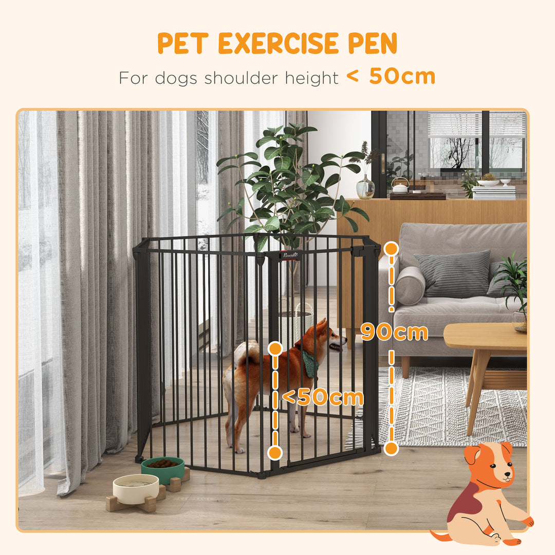 PawHut Dog Playpen DIY Adjustable, Puppy Play Pen Dog Fences Indoor with Automatically Close Lock, Pet Door for Doorway Stair, Fireplace Christmas Tree Barrier, 6-Panel, 35''H