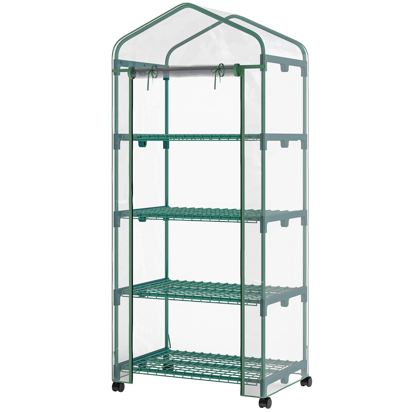 Outsunny 27" x 20" x 65" Portable Greenhouse with 4 Tier Shelves and Wheels, Outdoor Hot House Plant Flower Greenhouse, Steel Frame, Plastic Cover, Clear