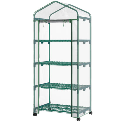 Outsunny 27" x 20" x 65" Portable Greenhouse with 4 Tier Shelves and Wheels, Outdoor Hot House Plant Flower Greenhouse, Steel Frame, Plastic Cover, Clear