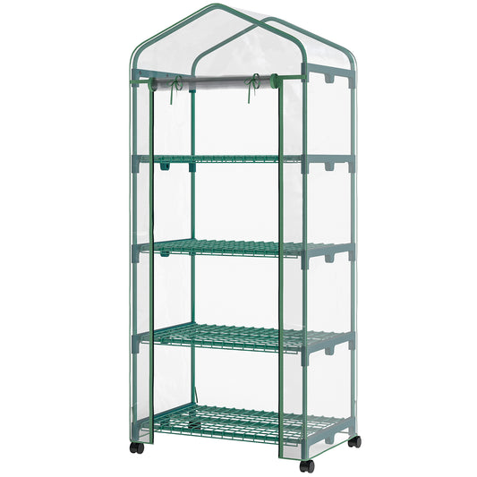 Outsunny 27" x 20" x 65" Portable Greenhouse with 4 Tier Shelves and Wheels, Outdoor Hot House Plant Flower Greenhouse, Steel Frame, Plastic Cover, Clear