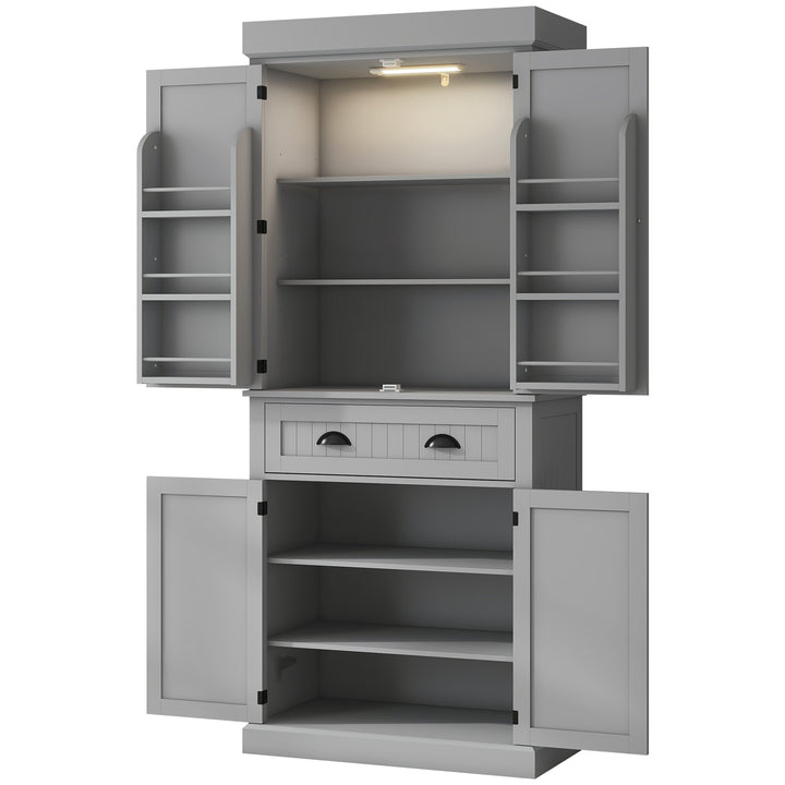 HOMCOM 71" Kitchen Pantry Cabinet with LED Lights, 6 Spice Racks, a Drawer and 4 Adjustable Shelves, Grey