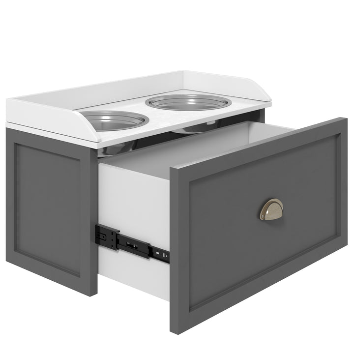 PawHut Elevated Dog Bowls Raised Pet Feeding Station with Storage 2 Stainless Steel Bowls, 23.6"x11.8" x14.2", White