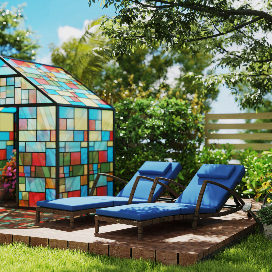 Outsunny Set of 2 Wicker Chaise Lounge Chair Outdoor Patio Lounger with 5 Adjustable Back, Wheels, Cushion and Armrests, Blue