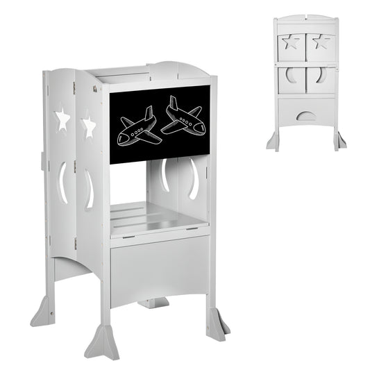 Qaba Kids Kitchen Helper Foldable Step Stool Toddler Kitchen Stool with Blackboard Lockable Handrail for 3-6 Years old Grey