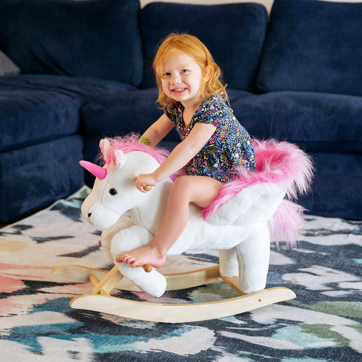 Qaba Kids Rocking Horse, Rocking Chair Nursery Plush Unicorn, Child Soft and Warm Ride on toy with Sing Along Song Pink