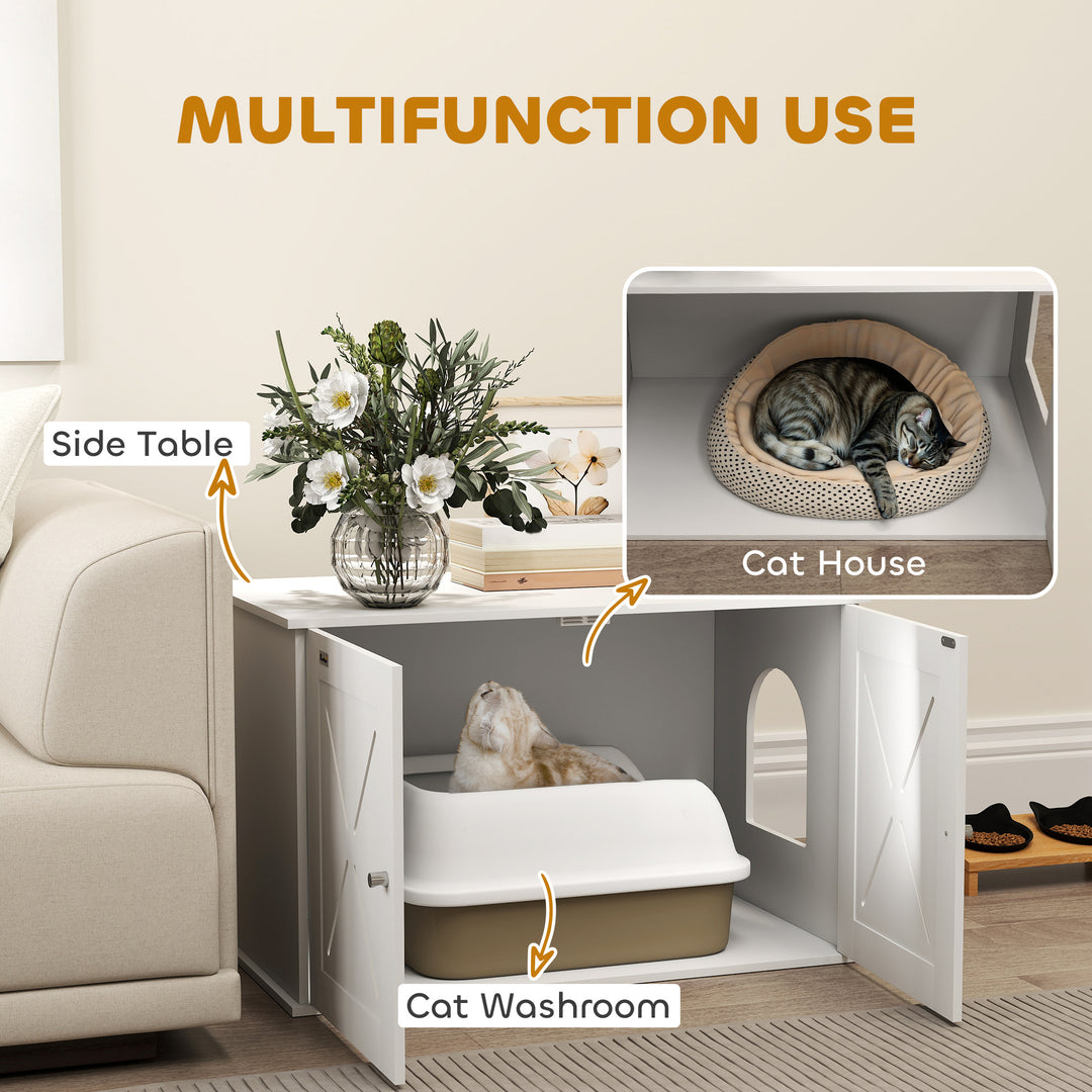PawHut Hidden Cat Litter Box Enclosure with Double Doors, Hole, Pet House Side End Table, 31.5" x 19" x 20", White
