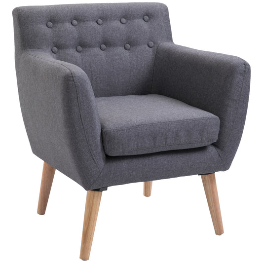 HOMCOM Linen Upholstery Armchair, Mid-Century Modern Accent Chair with Wood Frame and Thick Padding, Light Grey