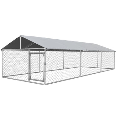 PawHut 19.7' x 7.5' x 4.9' Outdoor Dog Kennel Dog Run with Waterproof, UV Resistant Cover for Medium Large Sized Dogs, Silver