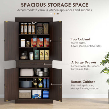 HOMCOM 71" Freestanding Kitchen Pantry with 4 Doors and 2 Cabinets, Tall Storage Cabinet for Kitchen, Distressed Coffee