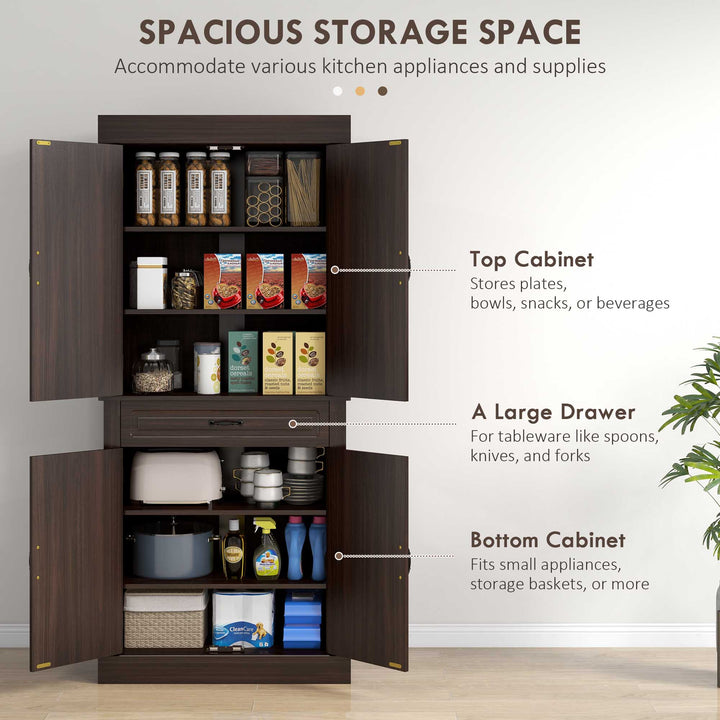 HOMCOM 71" Freestanding Kitchen Pantry with 4 Doors and 2 Cabinets, Tall Storage Cabinet for Kitchen, Distressed Coffee