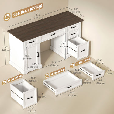 HOMCOM 58" Home Office Desk with Soft-Close Drawers, Farmhouse Executive Desk with File Drawer for Letter Size, White