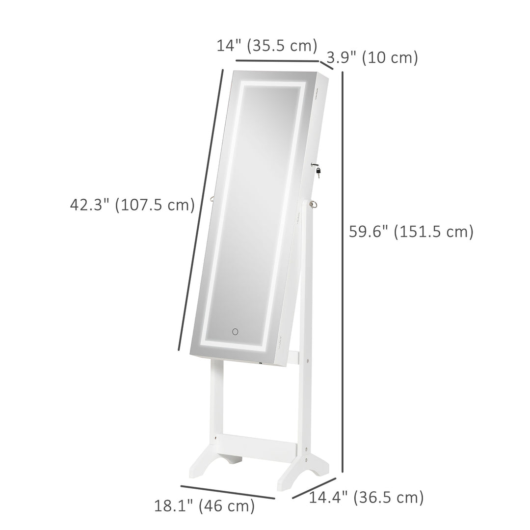 HOMCOM Lockable Jewellery Armoire with LED Light, Standing Mirror with Storage for Bedroom Dressing Room, White