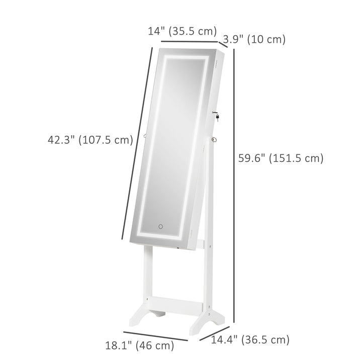 HOMCOM Lockable Jewellery Armoire with LED Light, Standing Mirror with Storage for Bedroom Dressing Room, White