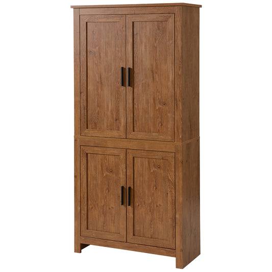 HOMCOM 64" Kitchen Pantry Cabinet, Freestanding Storage Cabinet with 4 Doors, 3 Adjustable Shelves, Oak