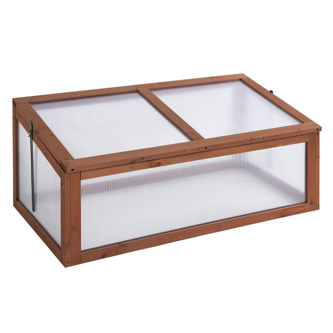 Outsunny 39" x 26" x 16" Wooden Cold Frame with Openable and Tilted Top Cover, Small Polycarbonate Planter Box for Flowers, Vegetables, Plants, Brown