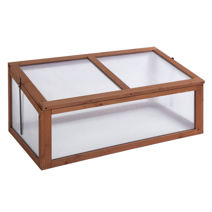 Outsunny 39" x 26" x 16" Wooden Cold Frame with Openable and Tilted Top Cover, Small Polycarbonate Planter Box for Flowers, Vegetables, Plants, Brown